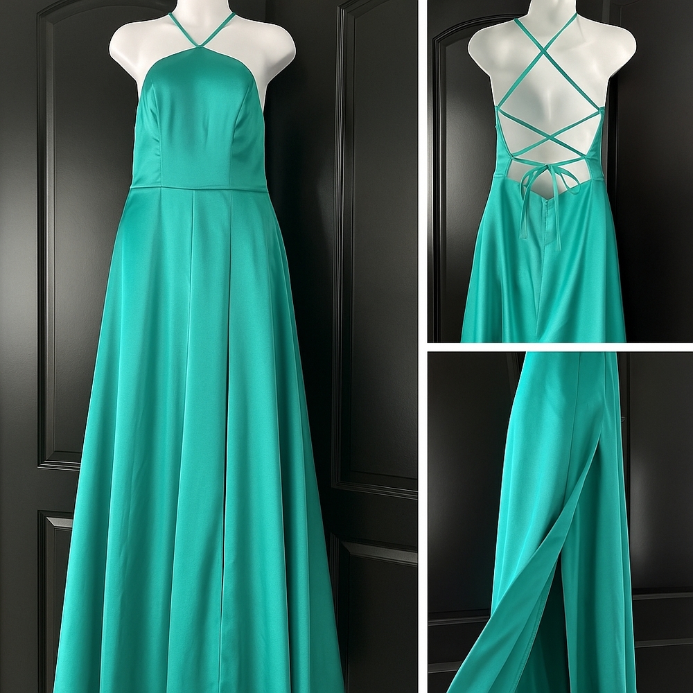 My Michelle Teal Satin Formal Gown – Strappy Back & Side Slit